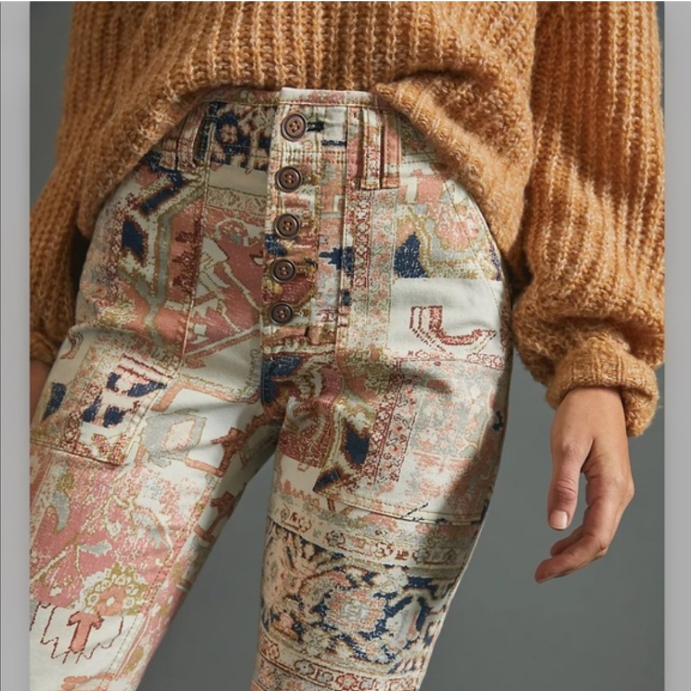 Anthropologie Patchwork-Print High-Rise Pants in Cream, Pink & Blue